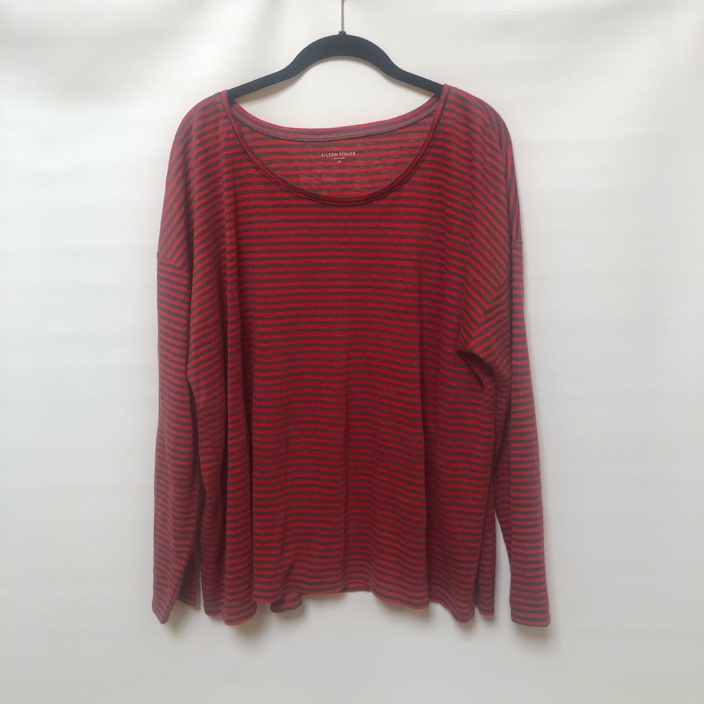 Eileen Fisher Red and Gray Striped Long Sleeve Top